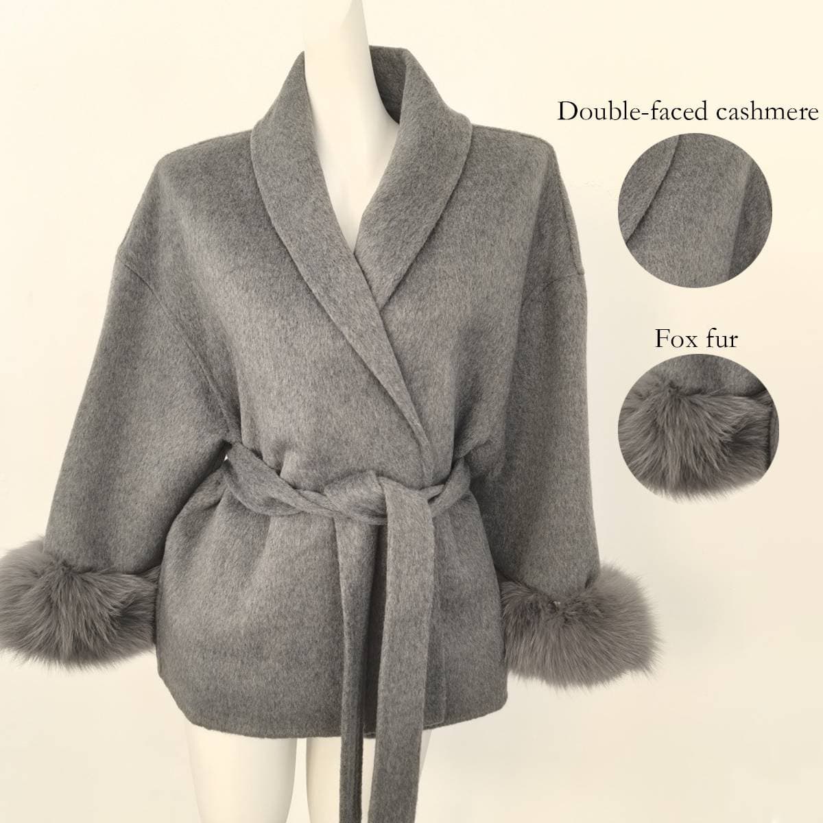 ​​Luxury Double-Faced Wool Coat With Real Fox Fur Cuffs – Short Winter Coat For Women, Lace-Up Design, Warm & Stylish