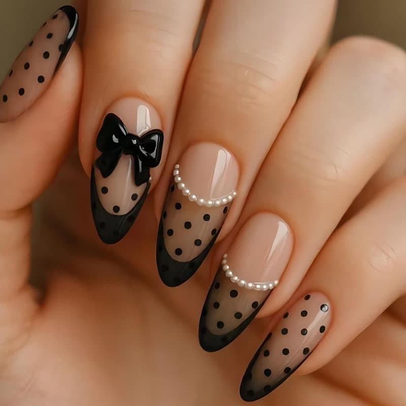 24pcsBlack Polka Dot French Tip Press On Nails, 3D Bow & Pearl Decor Fake Nails, Sweet Cool Removable False Nails