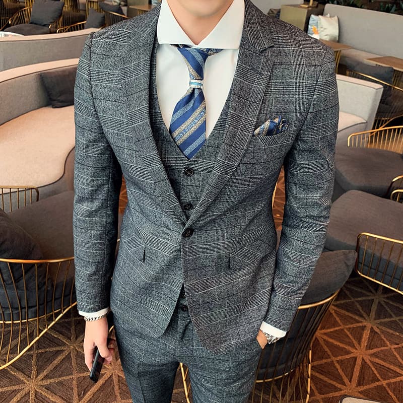 Men's three-piece suit youth plaid small suit suit autumn and winter handsome groom wedding dress business formal wear