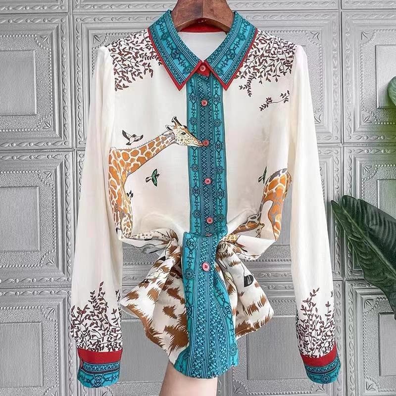 Women's Printed Mulberry Silk Lapel Long Sleeve Imitation Silk Shirt For Women