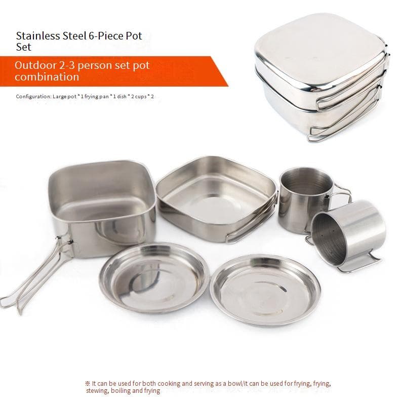 6-Piece Stainless Steel Camping Cookware Set Portable Outdoor Cooking Kit For 3-4 People - Includes Pots Pans & Bowls