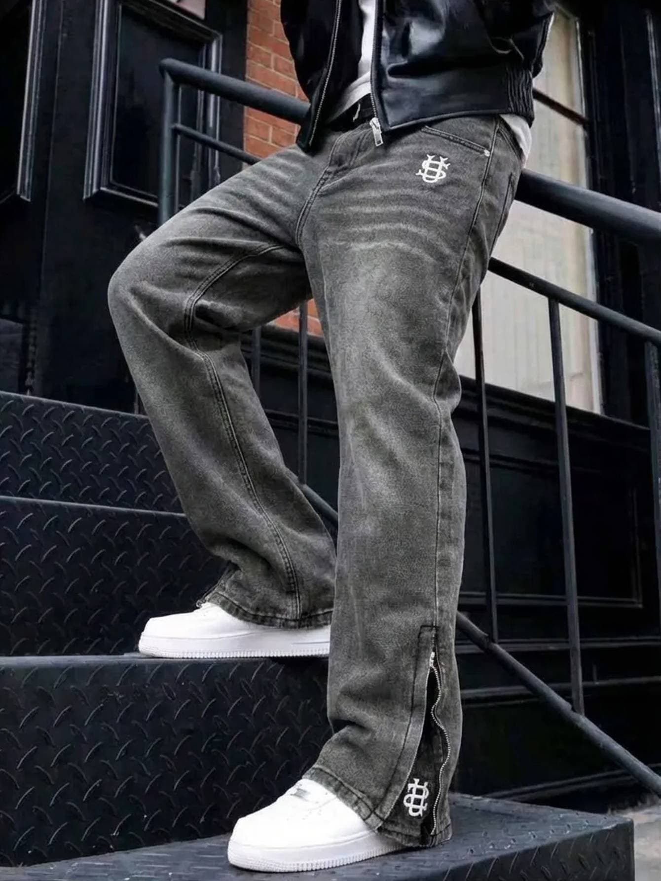 Men's Clothing "US" Menswear Trendy Brand Embroidered Jeans, Loose Fitting Casual Heavyweight Jeans