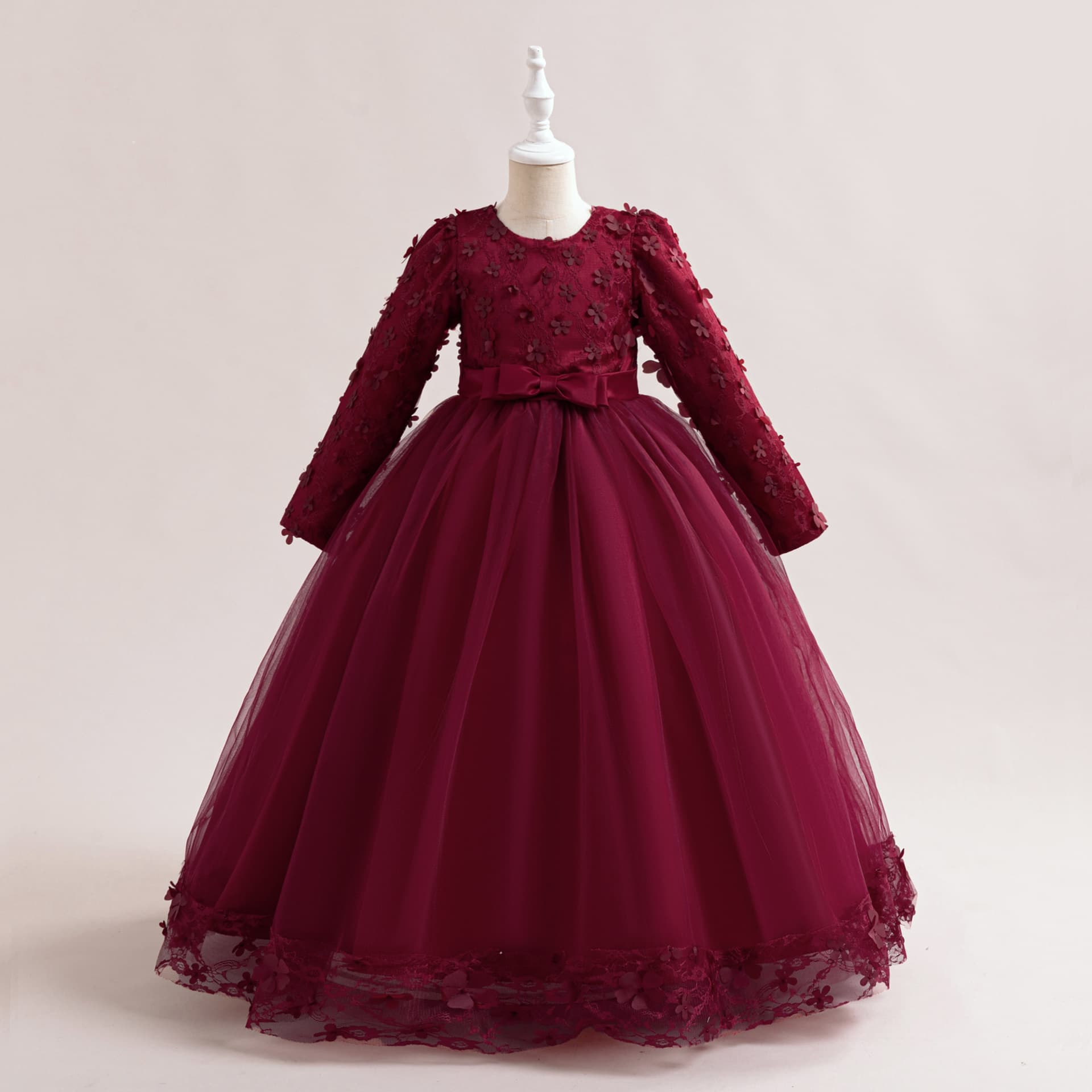 Kids Clothing Long Sleeved Applique Princess Dress Flower Girl Dress Performance Skirt