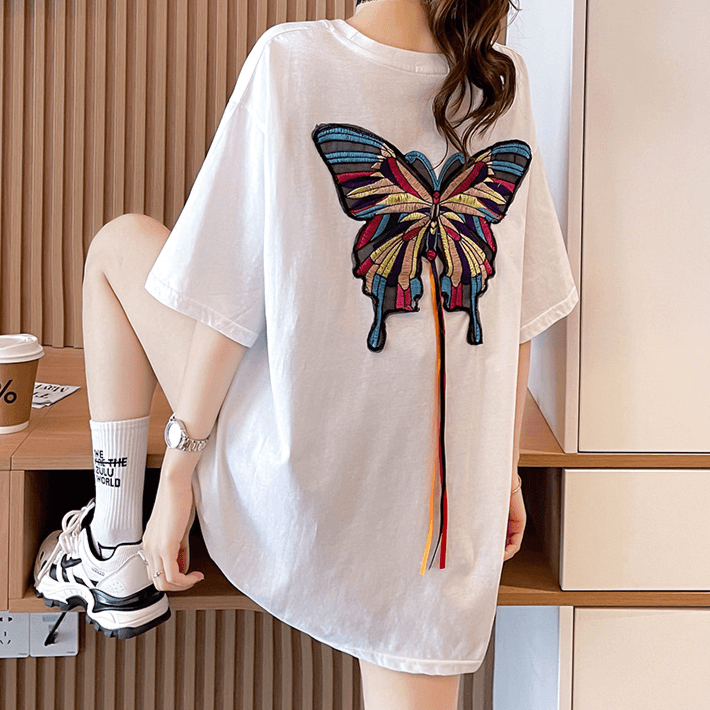 Women's Design Sense Red Embroidery Short-sleeved T-shirt Women Korean Version Fashion Long Style