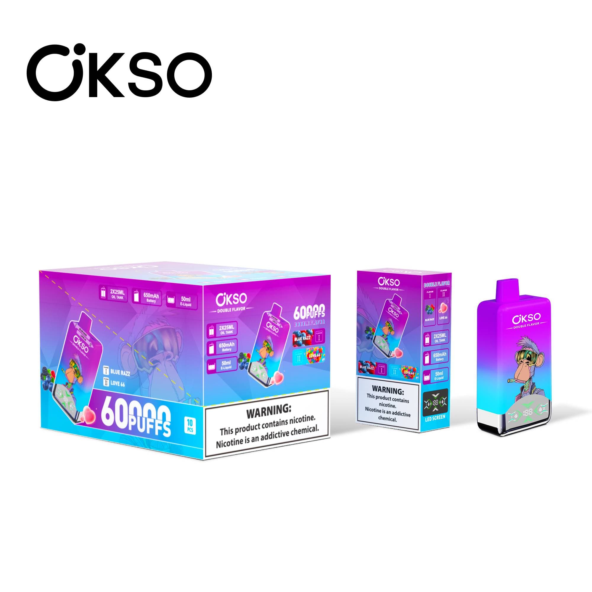 Batterie 650 mAh OKSO Double Saveur 60 000 bouffées 60 000 vape 10 résistances Mesh Double Saveur Écran LED Cigarette électronique jetable