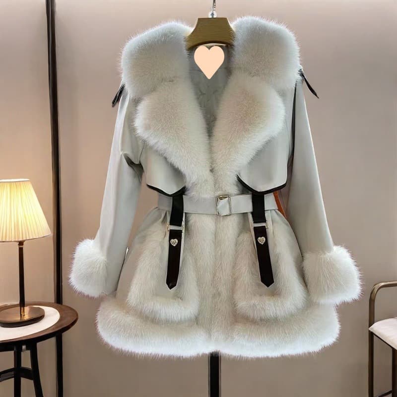 Women's Long Plush Faux Fur Coat With Belt - Winter Warm V-Neck Elegant Trench Coat (White/Black/Beige)