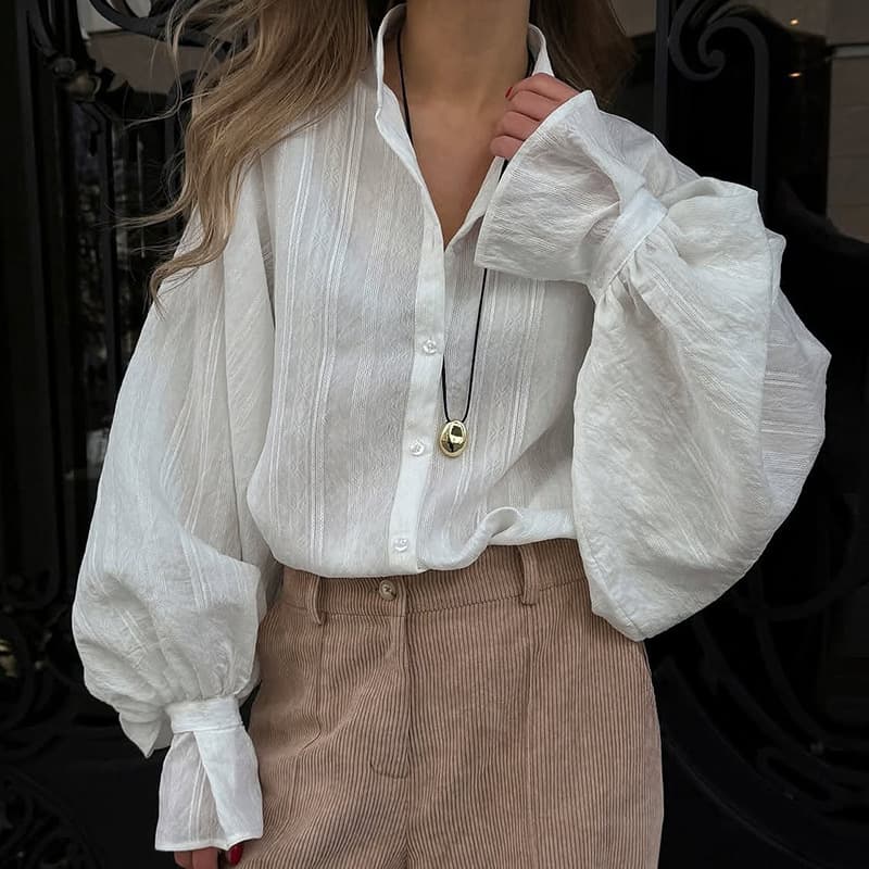 Women's Clothing Summer New Fashion Lapel Loose Simple Design Long-sleeved Shirt Top
