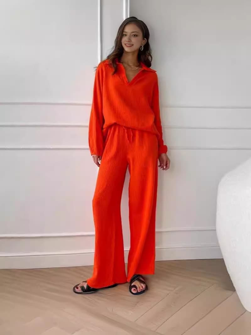 Women's Clothing Cotton And Linen Suit Cardigan Long Sleeved Top Pocket Wide Leg Trousers Two Piece Suit