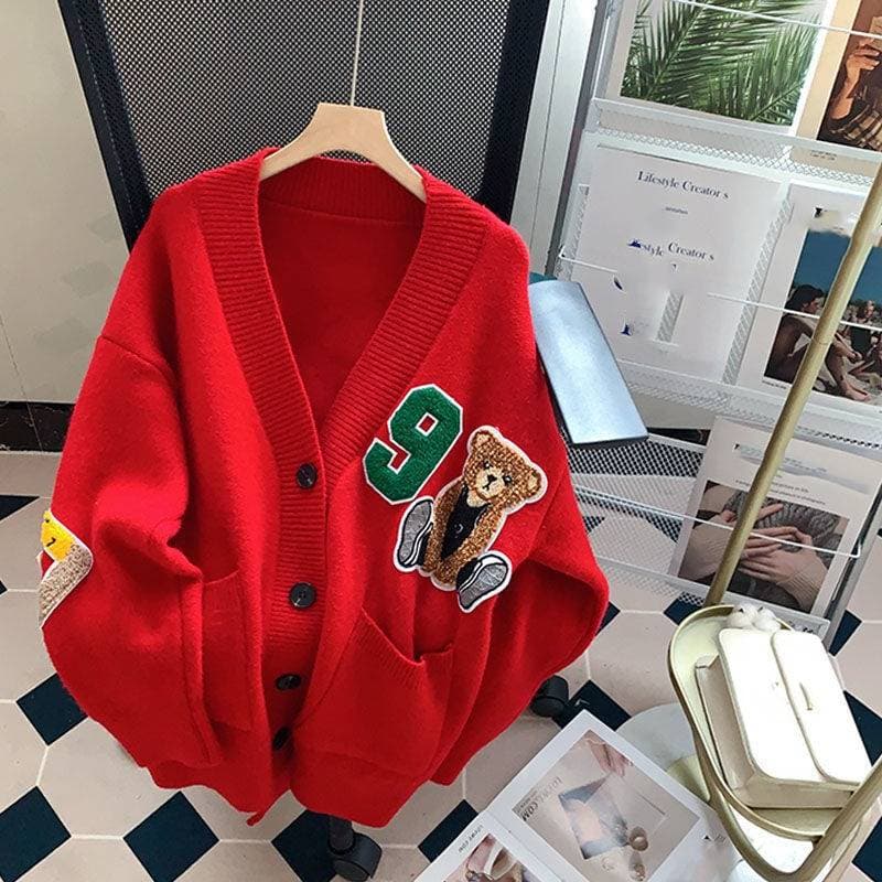 Women's Clothing College style V neck bear sweater cardigan women's autumn outer wear loose lazy Korean knitted jacket