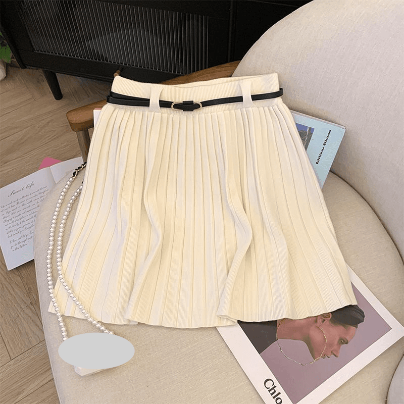 Women's Clothing 2024 new style belt knitted skirt waist slimming solid color all match big swing a line pleated skirt hot girl short skirt