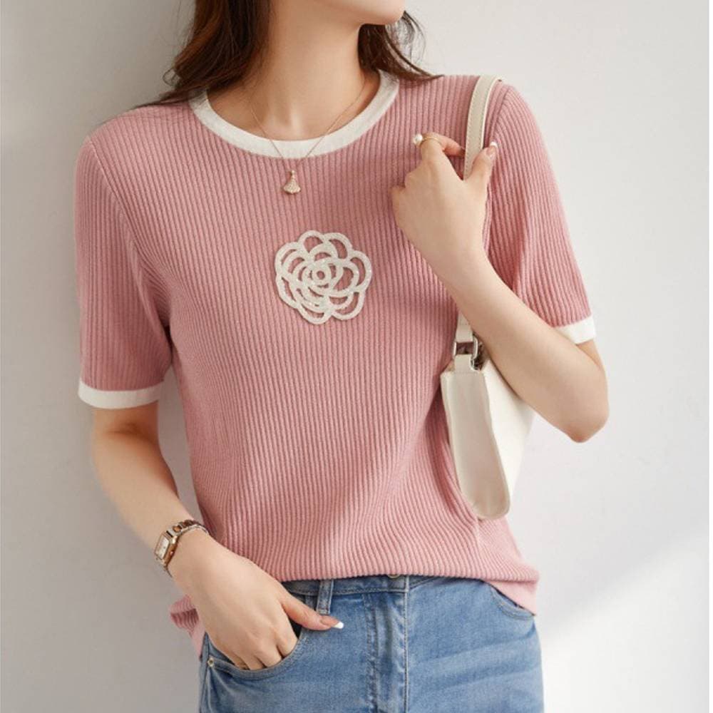 Women's Clothing socialite temperament Spring and summer short sleeved tops Contrast color round neck camellia knitted pullover for women