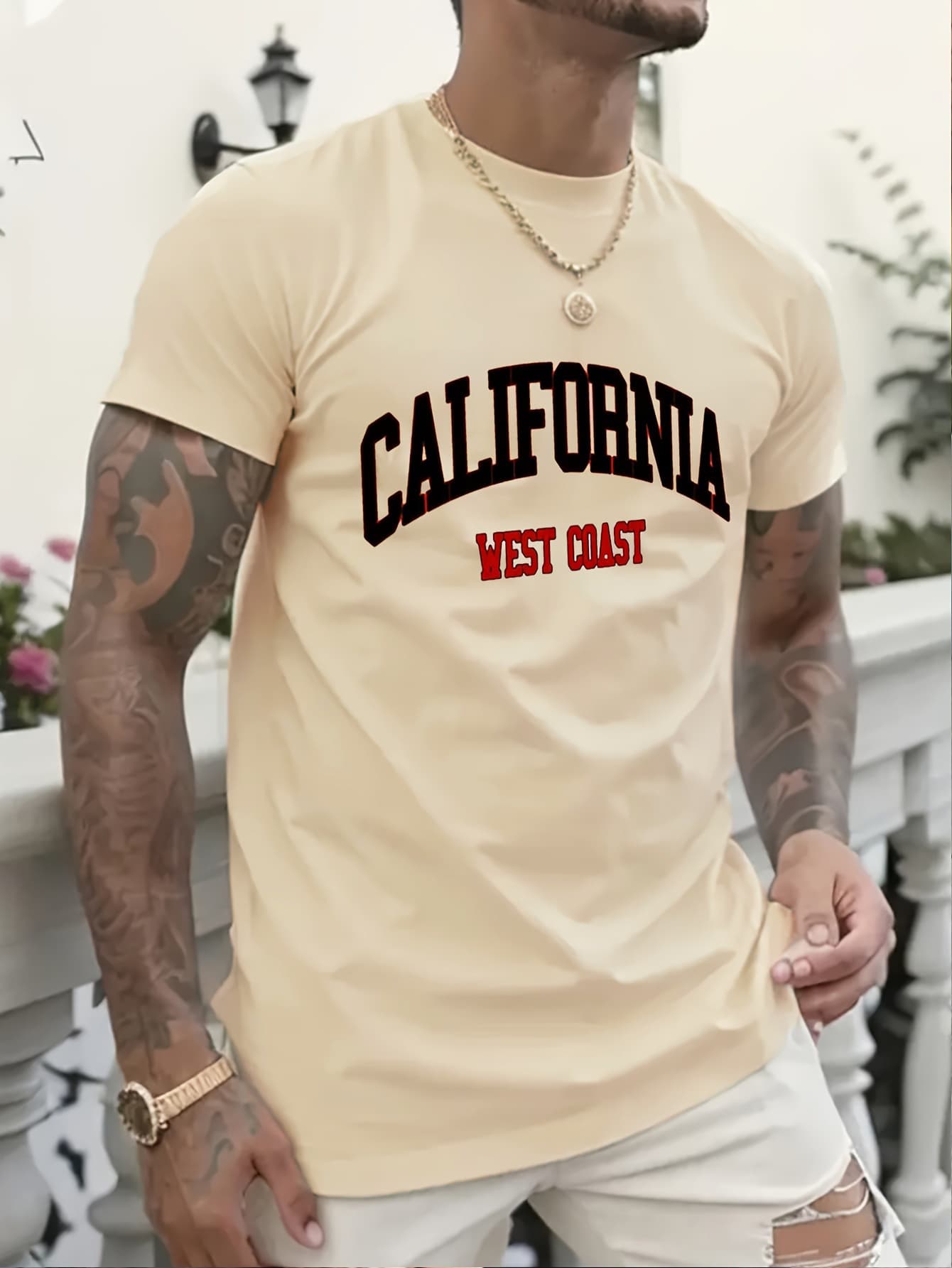 100% Pure Cotton Men's Spring And Autumn Fashion Short Sleeved California West Coast Printed Casual Slim Fit Versatile Top
