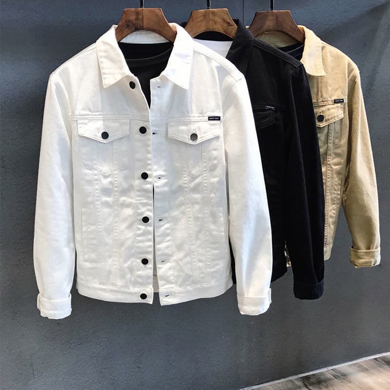 ​Men's Slim Fit White Denim Jacket - Stylish Casual Workwear Coat With Stand Collar For Spring & Autumn​