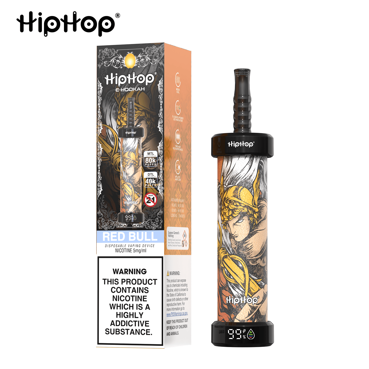 Cigarette électronique jetable HipHop rechargeable, jusqu'à 80 000 bouffées