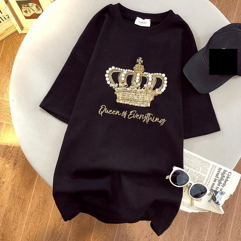 Women's Hand-Beaded Crown Print Short-Sleeved T-Shirt