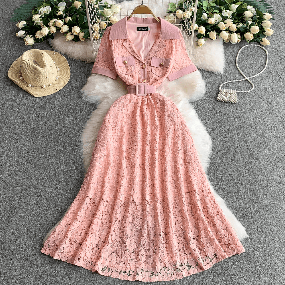 Women's Clothing High Class Lady Elegant Suit Collar Short Sleeved Dress Dress Female New Waist Slim Lace Long Skirt