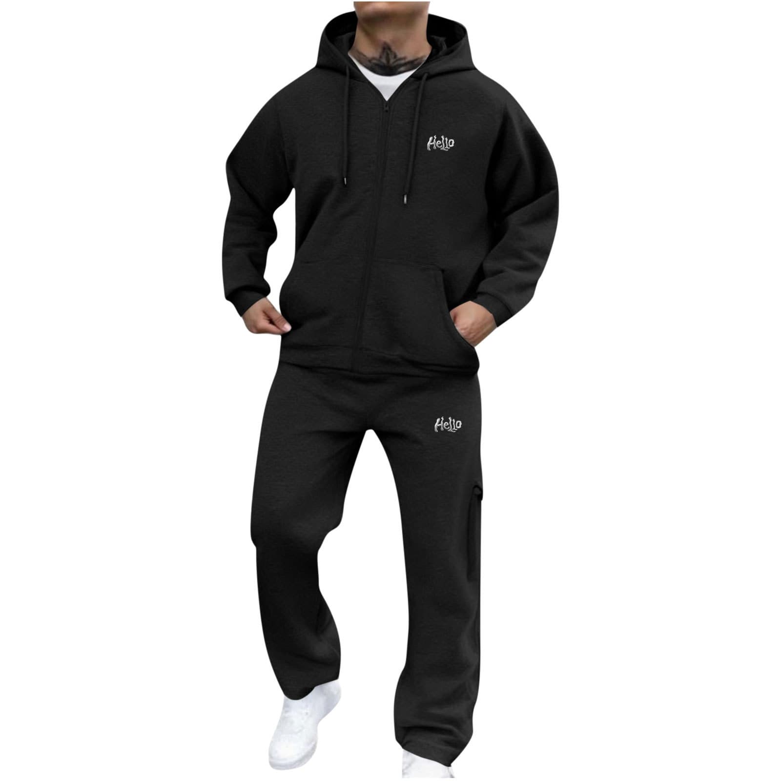 Men's Clothing Menswear Trendy Brand Heavyweight Knitted Sweatshirt Cardigan Set, Hello Letter Casual Hooded Sweatshirt Set