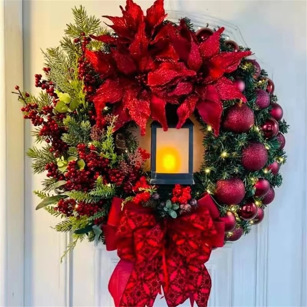 40cm Big Red Flower Bow Ball Christmas Wreath With Oil Lamp Navidad Party Wedding Door Window Wall Fireplace Staircase Balcony
