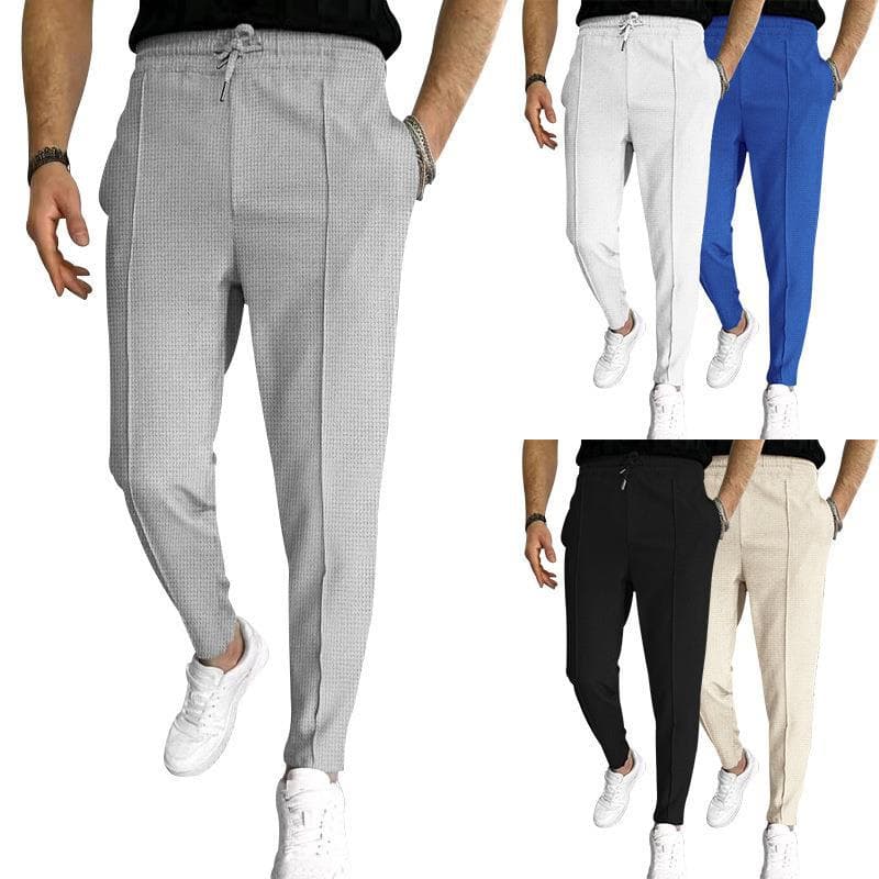 2025 Spring And Fall Men's Waffle Leisure Sports Solid Color Pants Trend Fashion High Quality Drawstring Small Leg Pants
