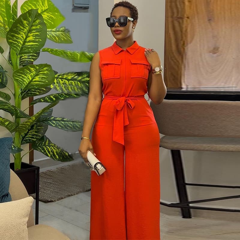 Women's Clothing summer new style lapel pocket waist loose wide leg sleeveless jumpsuit