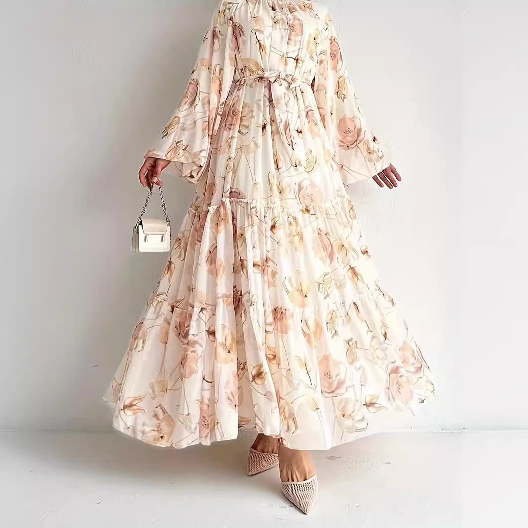 Muslim Women's Elegant Chiffon Dress - Floral Print Long Maxi Dress