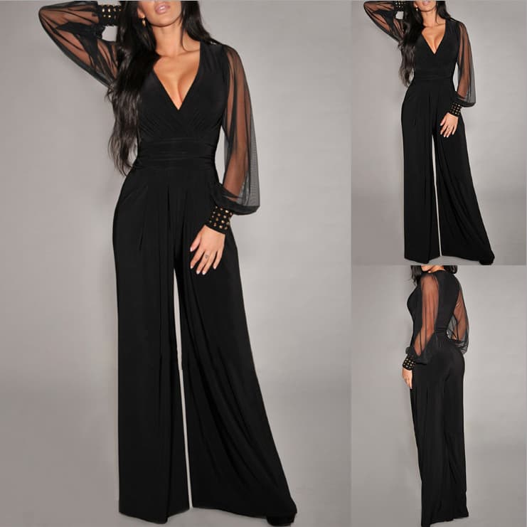 Women's best-selling V-neck waist sexy mesh stitching rivet straight jumpsuit