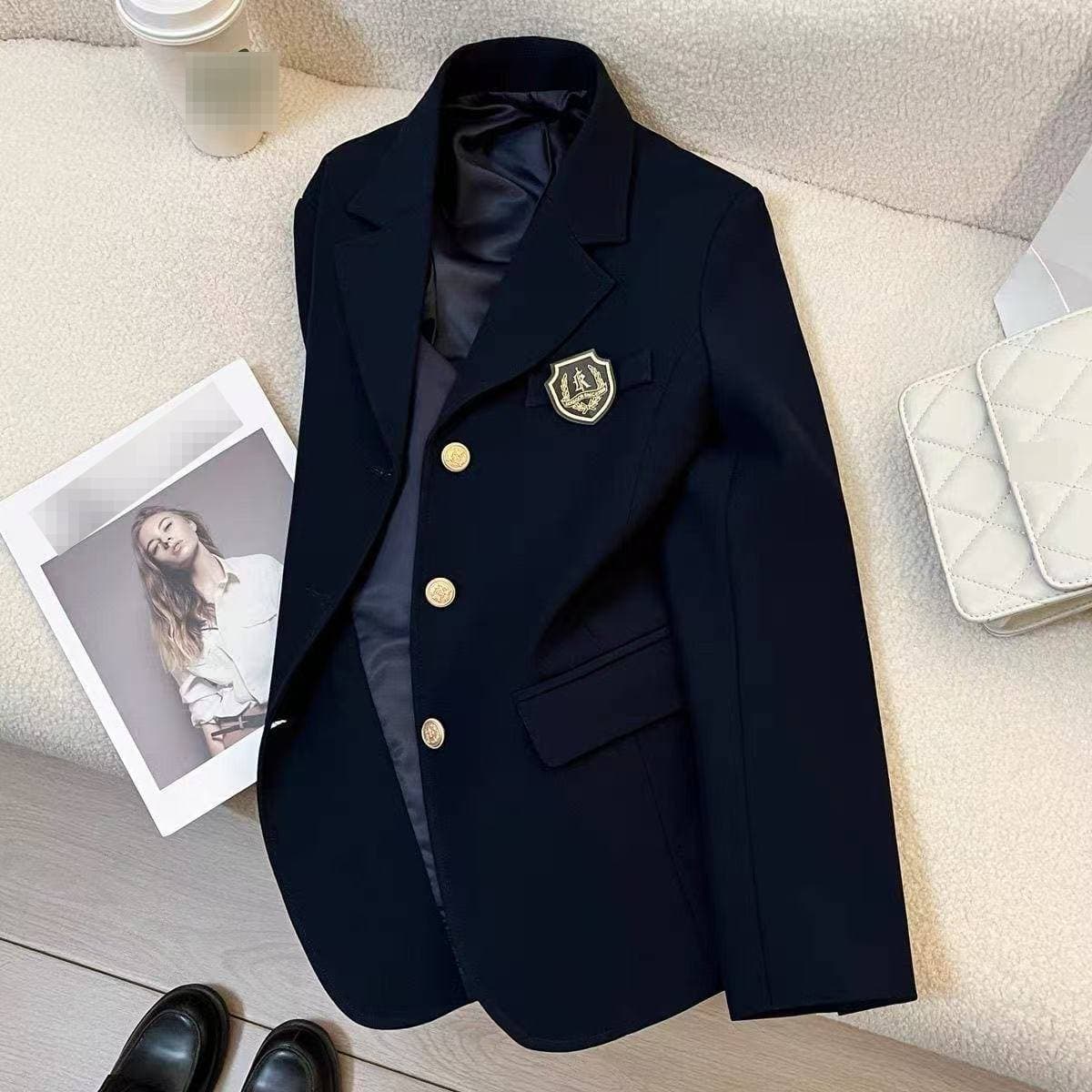 Blazer élégant bleu marine pour femme - Veste slim décontractée avec revers crantés et boutons