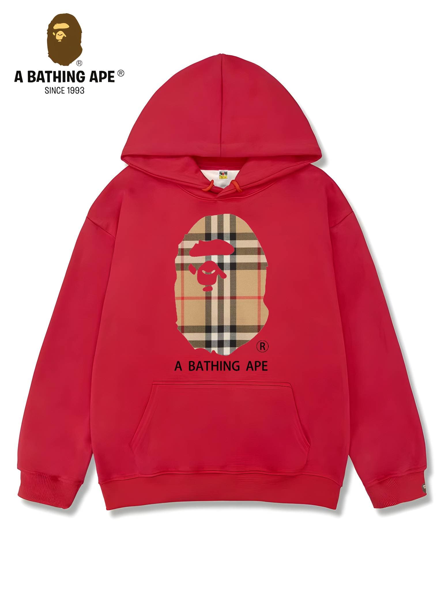 Sweat à capuche unisexe imprimé tête de singe à rayures et logo imprimé, collaboration BAPE-BAPE&BURBERRY