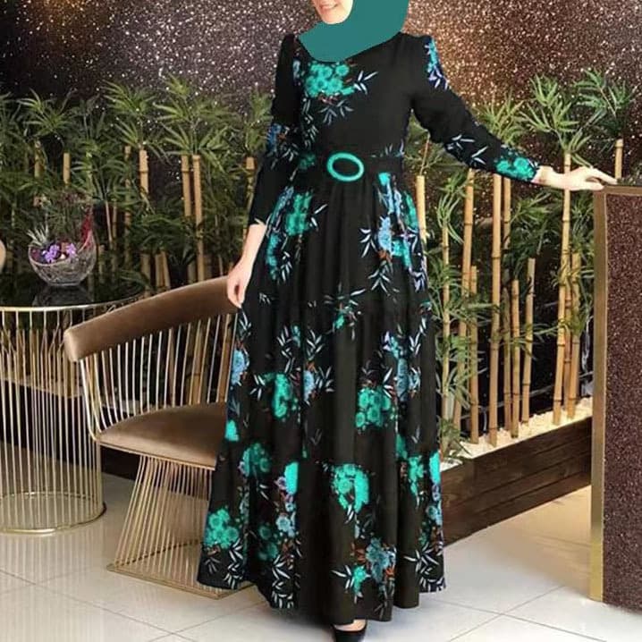 Women's printed mid-waist four-color temperament commuting four-way elastic printed non-velvet long skirt dress