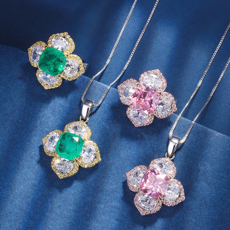 Zhuangshengsheng Vintage-Inspired Princess Cut Floral Jewelry Set With Simulated Emerald & Pink Diamond, 10 * 10mm Main Stone, Earrings & Necklace
