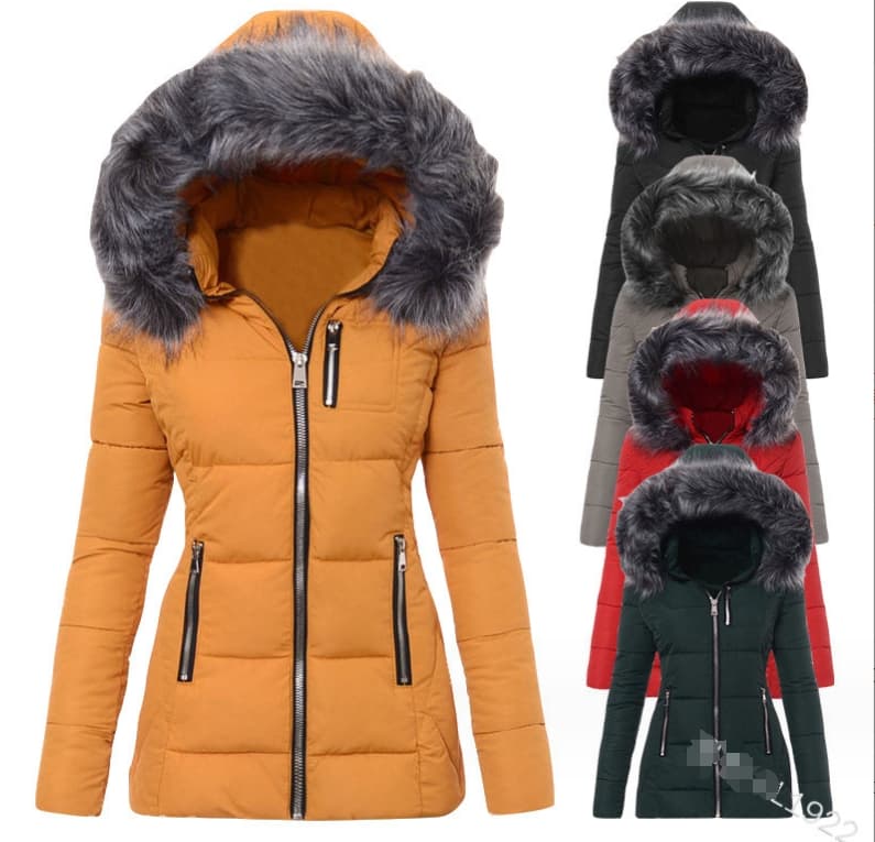 Women's Fashionable Fur Collar Zipper Embellished Slim-fit Cotton Jacket
