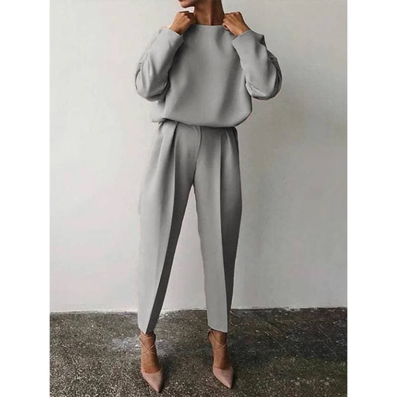 Women's loose solid color long sleeve casual two-piece set