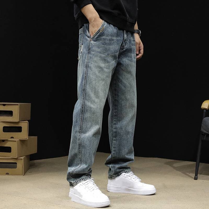​​Men's Relaxed Fit Straight Leg Jeans - Vintage Washed Cotton Denim Pants For Casual Wear​​