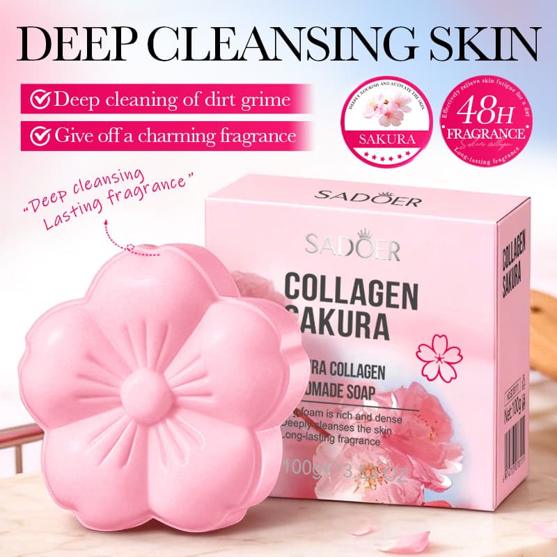 Cross-border In-stock SADOER Cherry Blossom Collagen Cleansing Handmade Soap Direct Sales From Foreign Trade Factory