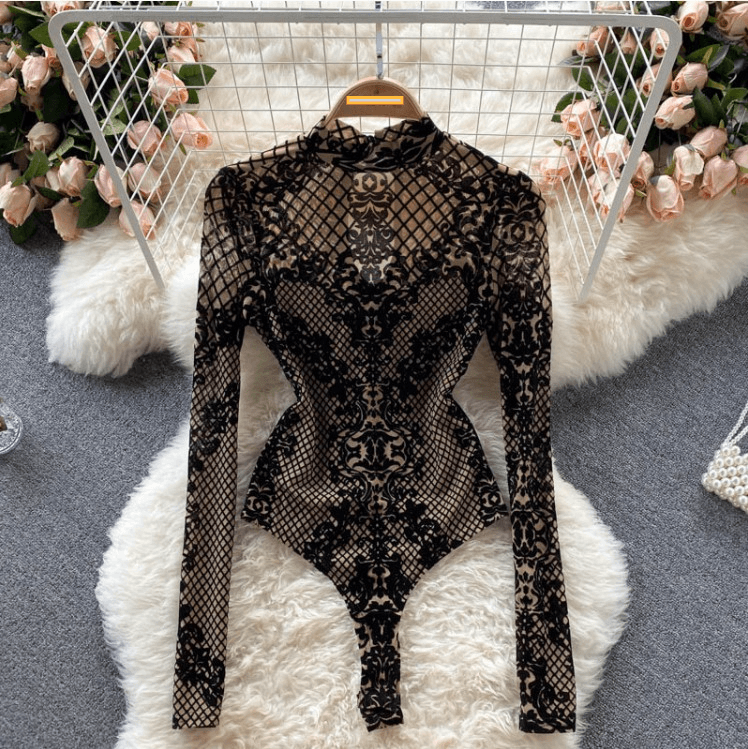 Women's One-piece Sexy See-through Long-sleeved Slim-fit Base Top Jumpsuit