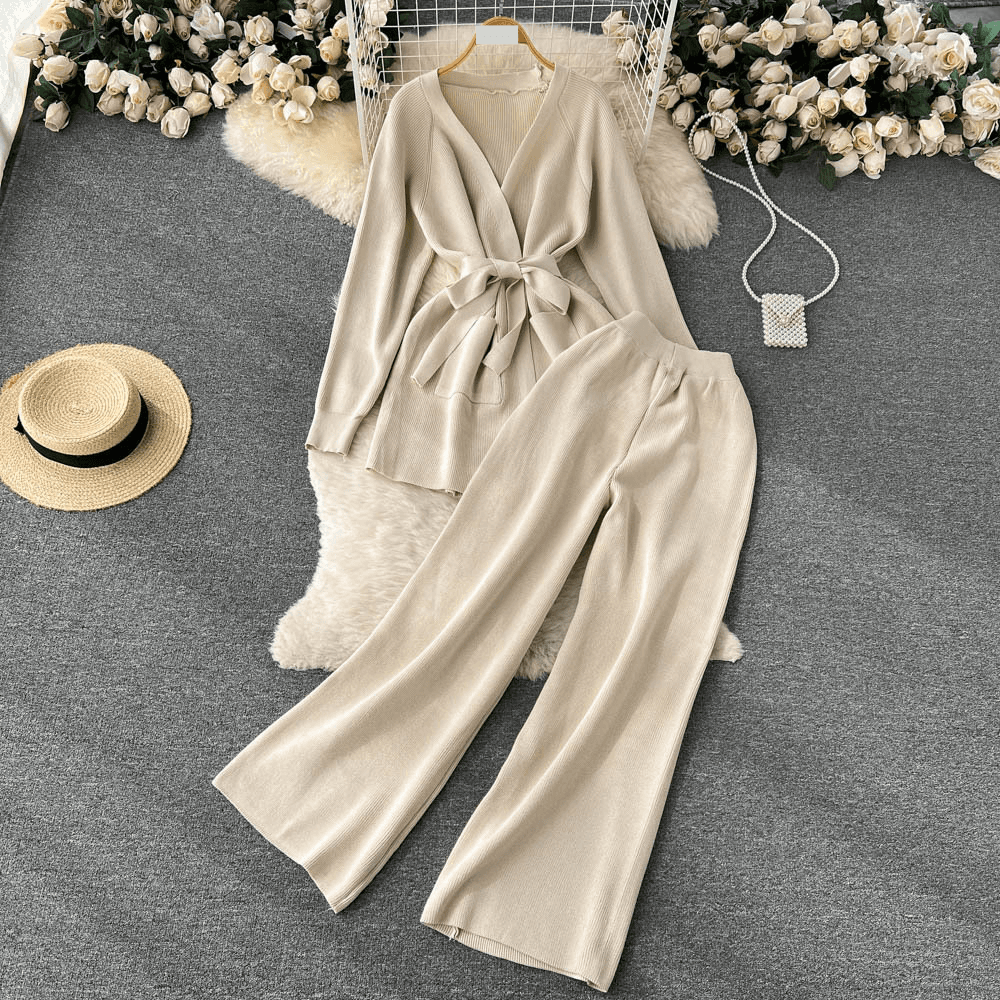 Women's Clothing Autumn two-piece suit niche design tie waist long sleeve knitted cardigan jacket high waist loose wide leg pants