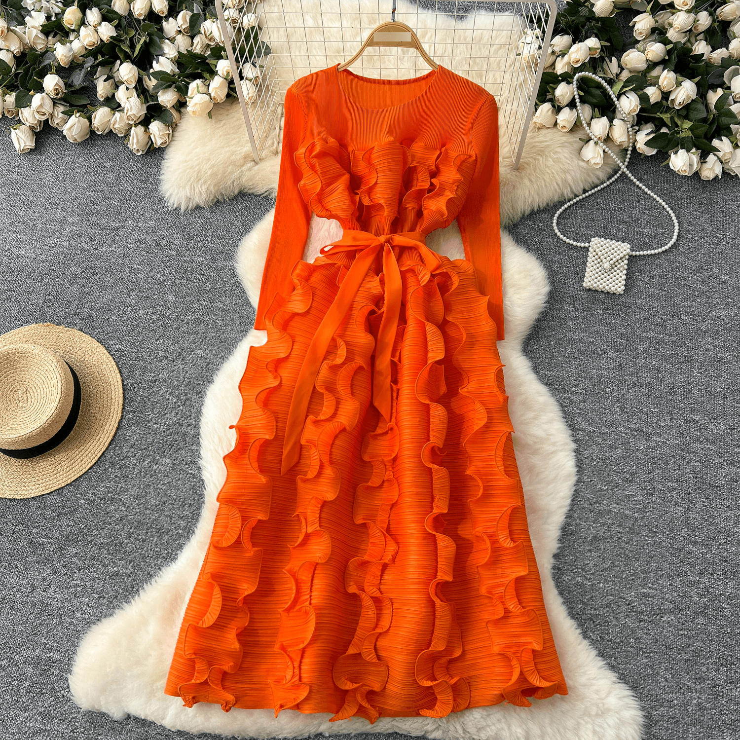 Women's Clothing Waist, Round Neck, Long Sleeves, Three Dimensional Lace, Slimming, Temperament, Big Swing Long Skirt