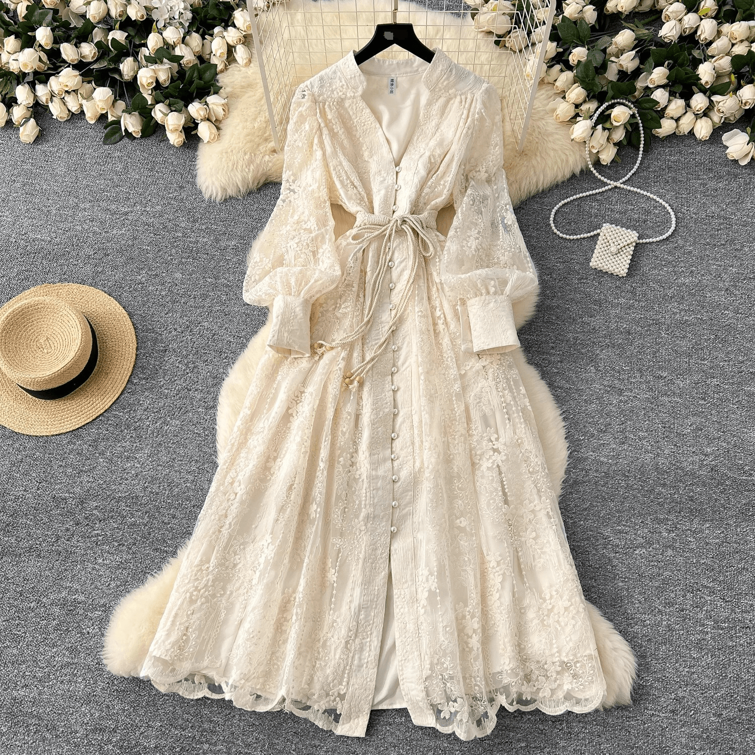 Women's Clothing Spring Waist Heavy Embroidery V Neck Lantern Sleeves Single Breasted Long Skirt
