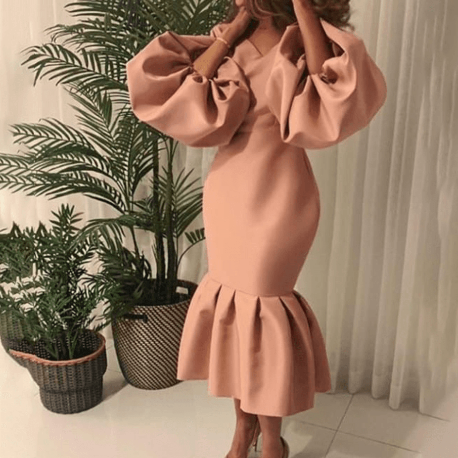 Women's Fashion Solid Colour V Neck Bubble Long Sleeve Fishtail Dresses