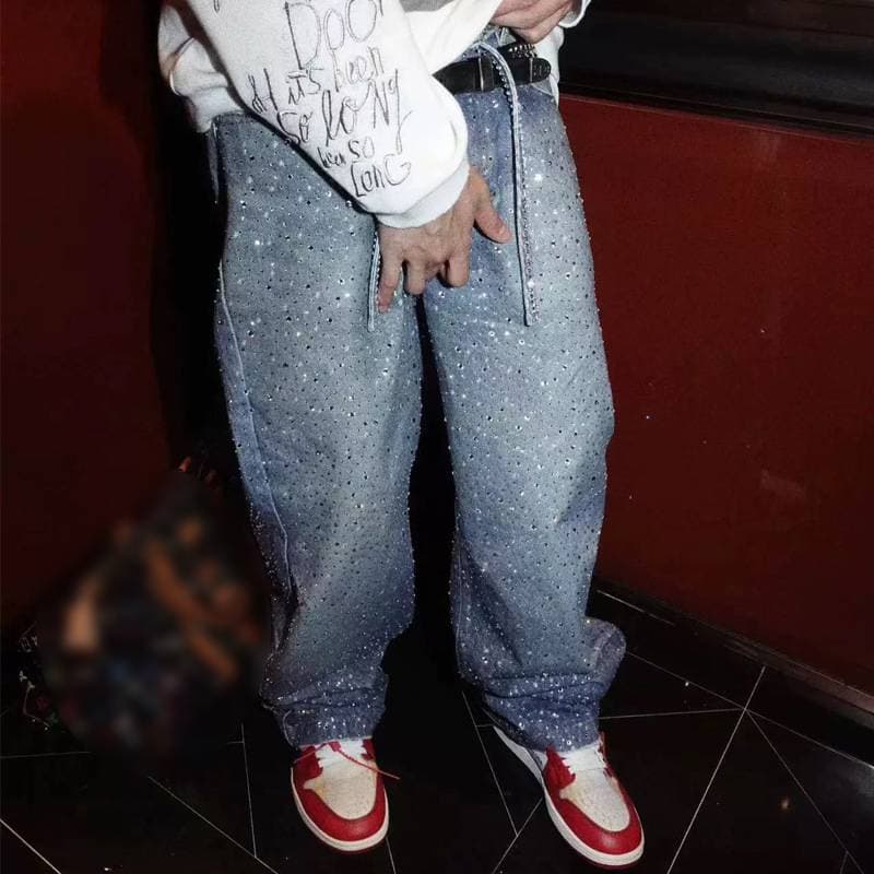 Jean droit en denim diamants pour femme, ceinture, fermeture éclair, taille haute, jambes larges, tendance, streetwear, printemps 2025, pantalon délavé (sans ceinture)