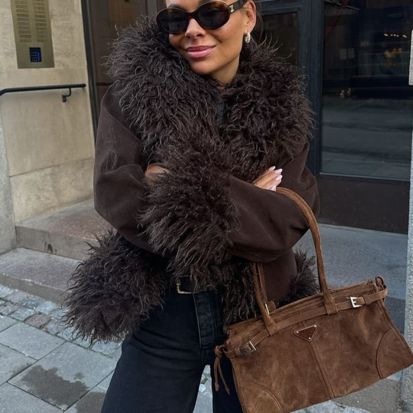 Women's Clothing Faux Fur Coat – Slim-Fit Long Sleeve Jacket With Plush Collar, Winter Outerwear (Dark Brown)