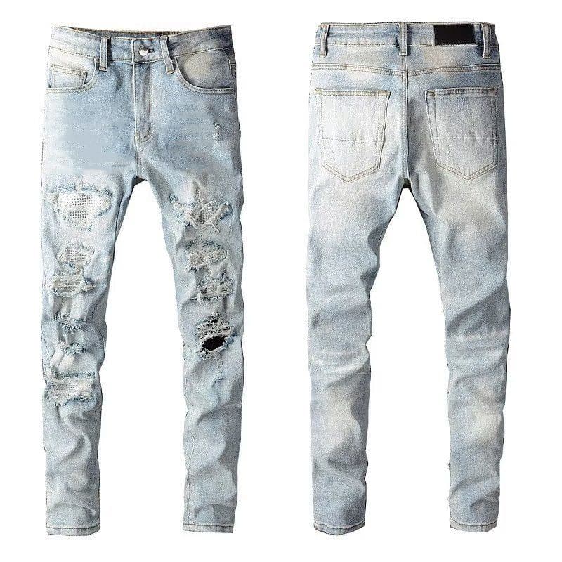 Men's Straight Slim Fit Ripped Jeans Light White Blue Men's Trousers