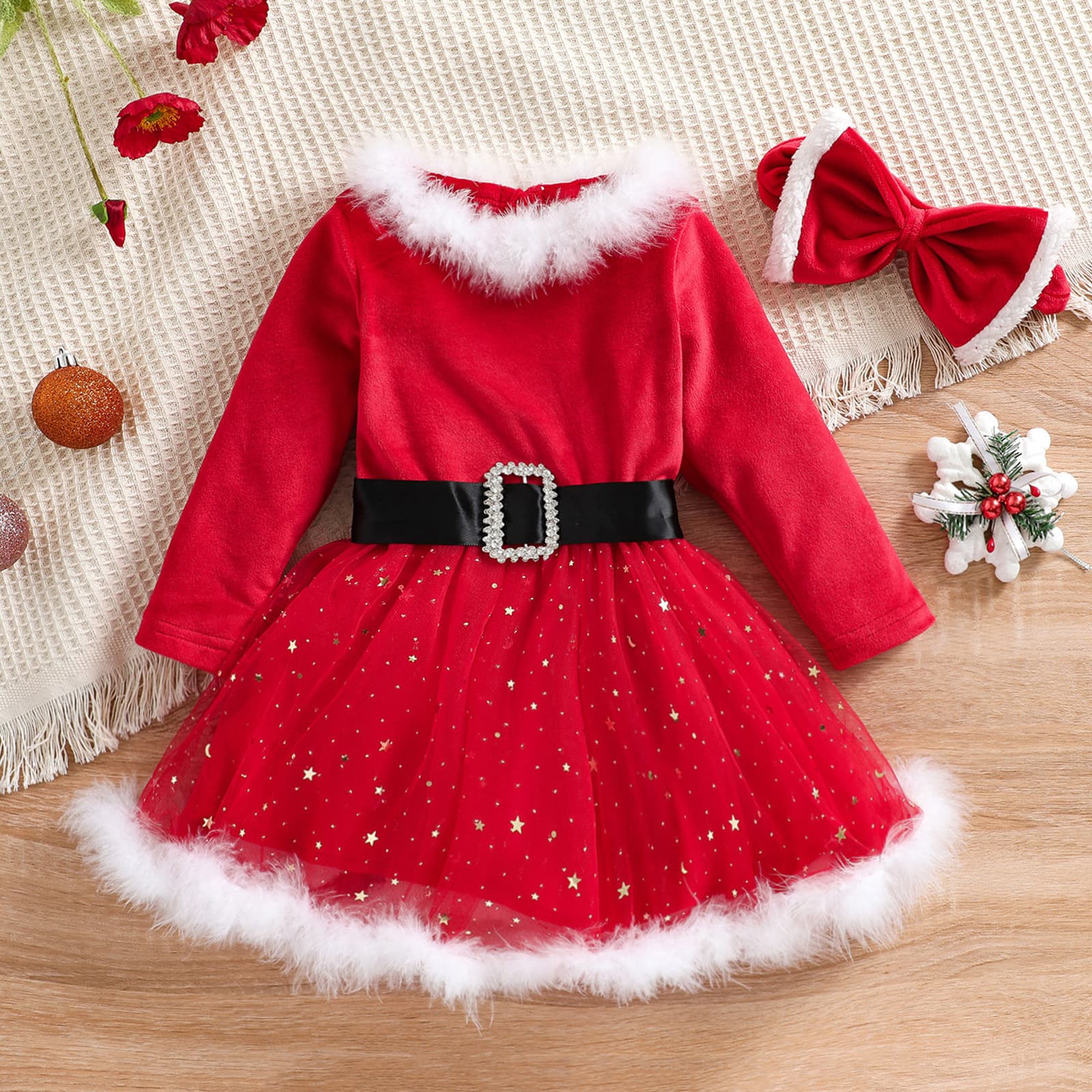 Christmas Dress Girl's Long Sleeve Star Mesh Dress Princess Dress
