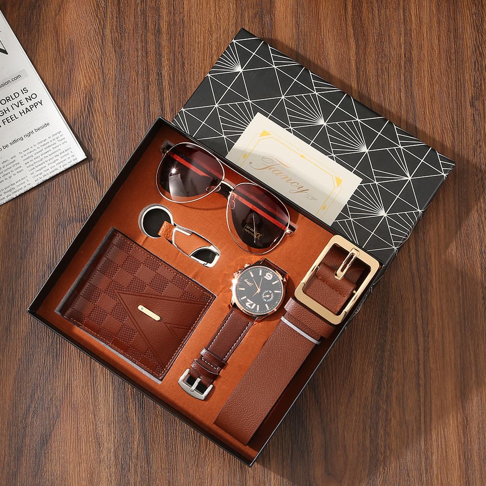 Luxury Men's Gift Set - Premium Leather Wallet, Belt, Quartz Watch & Sunglasses With Elegant Gift Box (Black/Brown)