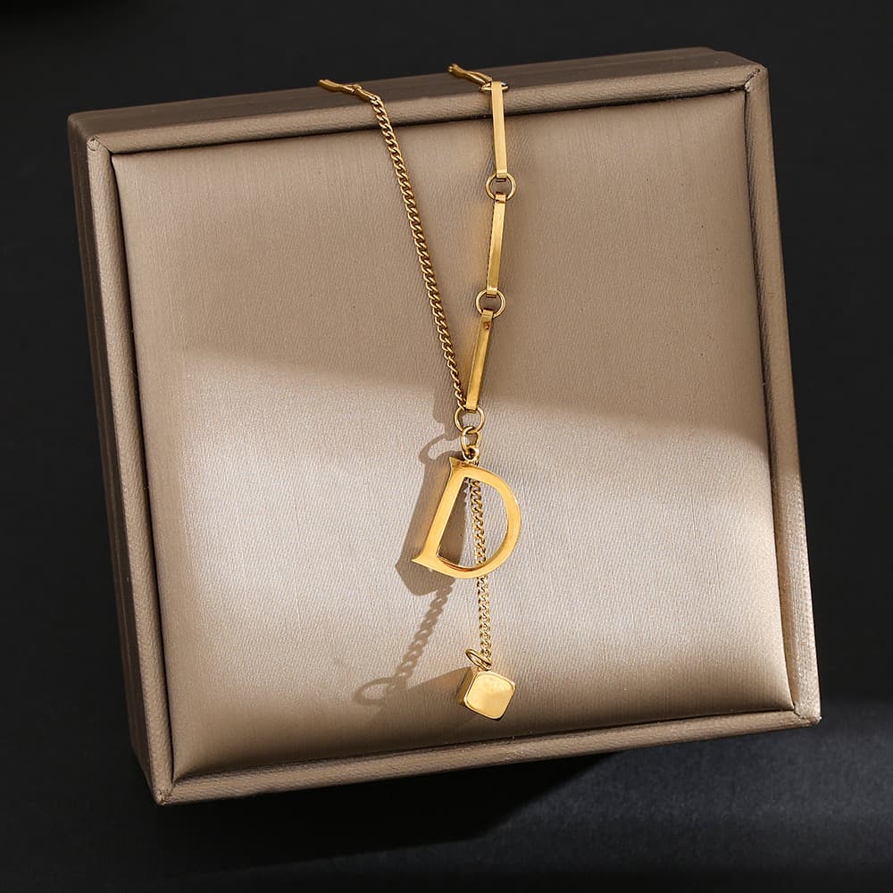 D Letter Necklace Women's Versatile Square Tassel Pendant Titanium Steel Lock Bone Chain Colorless Jewelry