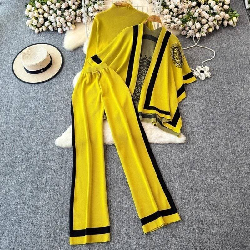 Women's Clothing Winter Fashion Suit Design Color Matching Long Sleeved Knitted Cardigan Sweater Versatile High Waist Wide Leg Pants Three Piece Suit