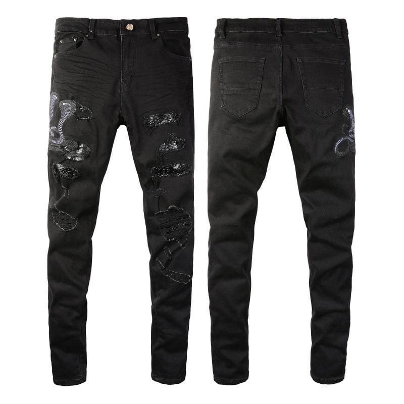 Men's Clothing Embroidered Cobra Ripped Slim Fit Stretch Denim Jeans With Cobra Embroidery & Distressed Details - High Street Fashion For Urban Style​