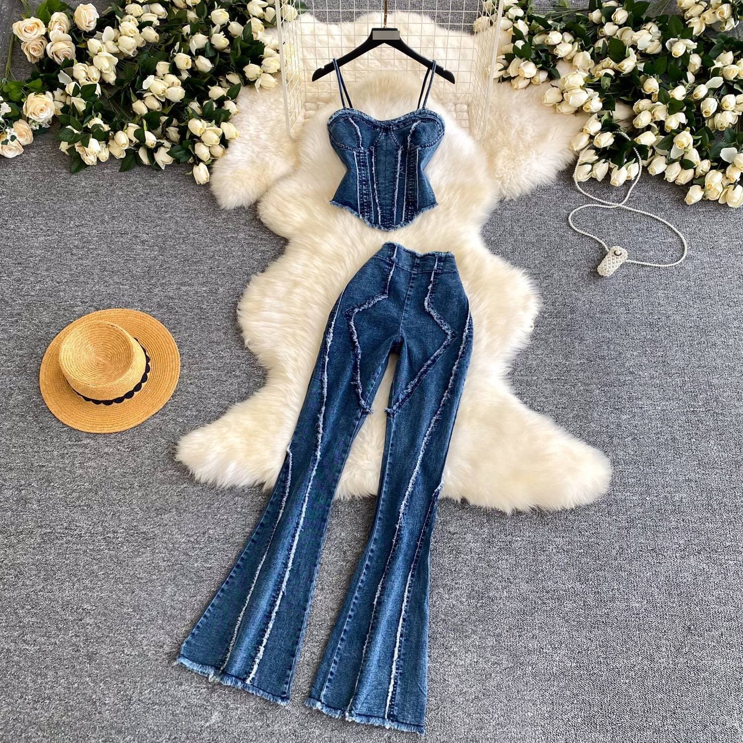 Trendy Denim Two-Piece Set For Women - High Waist Skinny Jeans & Strappy Top - Sexy Cowgirl Outfit (Blue, S/M/L/Xl)