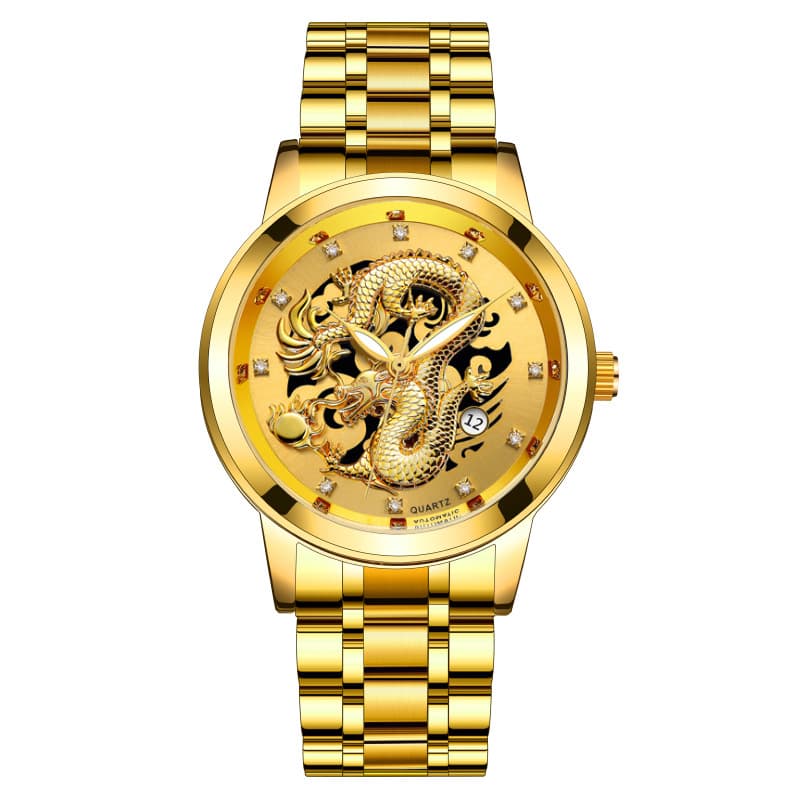 Foreign trade hot fashion calendar men's watch men's watch steel belt non-mechanical business waterproof square diamond Chinese Dragon watch
