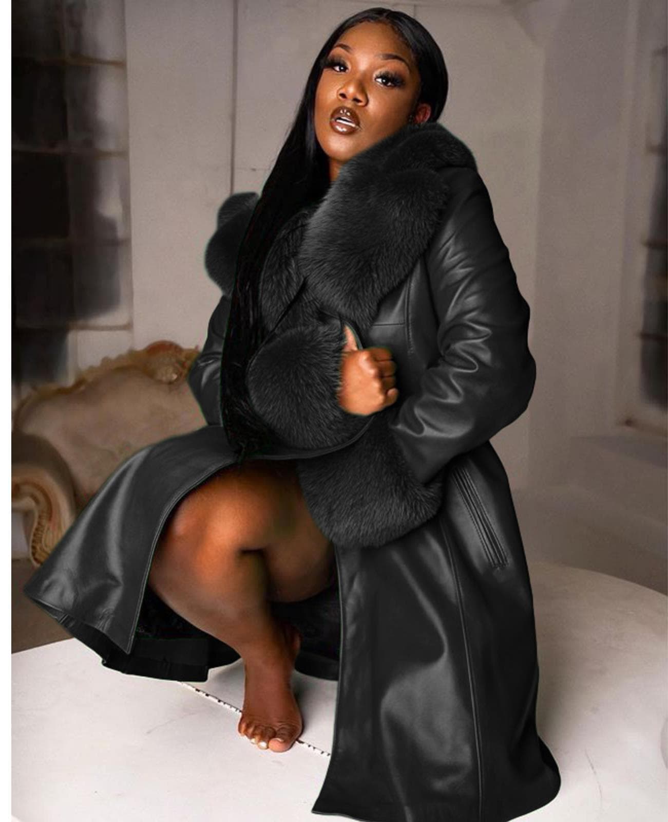 Women's Clothing Autumn Winter Solid Color Lapel Long Pu Splicing Large Fur Collar Temperament Commuter Coat